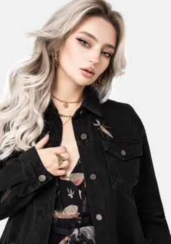 Griffinfly Embroidered Distressed Denim Jacket