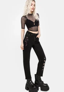 Griffinfly Embroidered Distressed Denim Mom Jeans