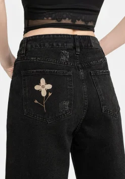 Griffinfly Embroidered Distressed Denim Mom Jeans