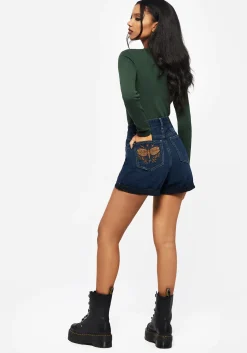 Griffinfly Embroidered Distressed Denim Shorts - Blue