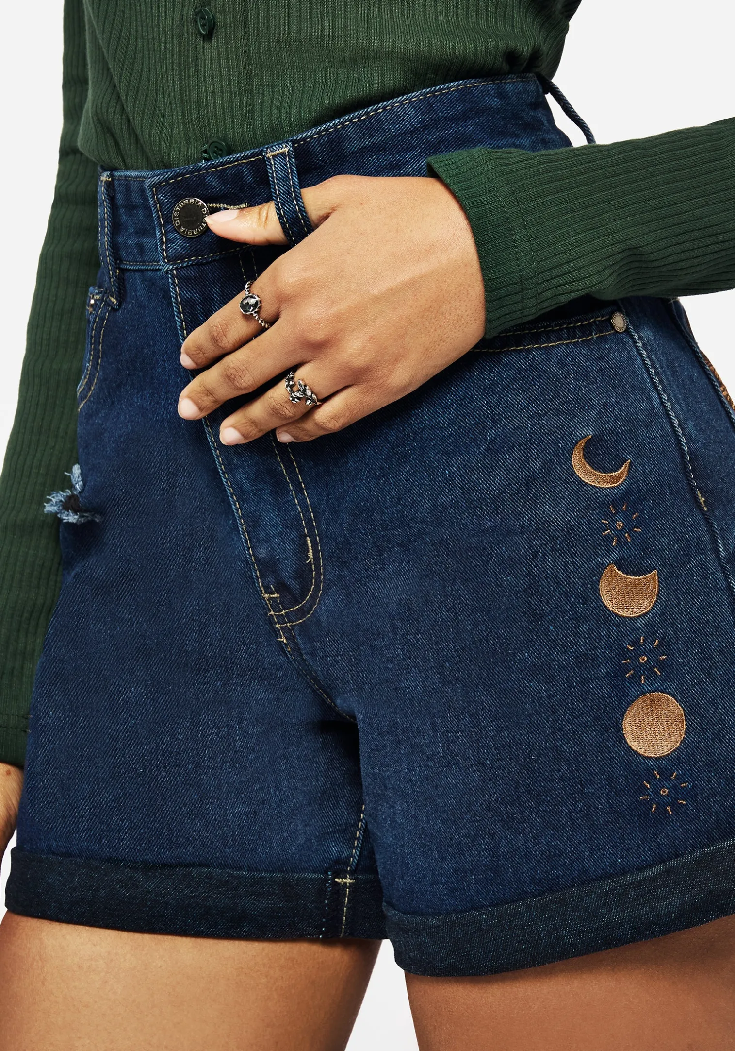Griffinfly Embroidered Distressed Denim Shorts - Blue