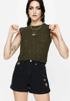 Griffinfly Embroidered Distressed Denim Shorts