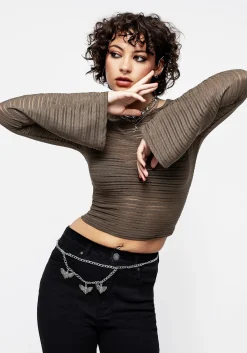Habundia Flared Sleeve Crop Top - Moss Stone