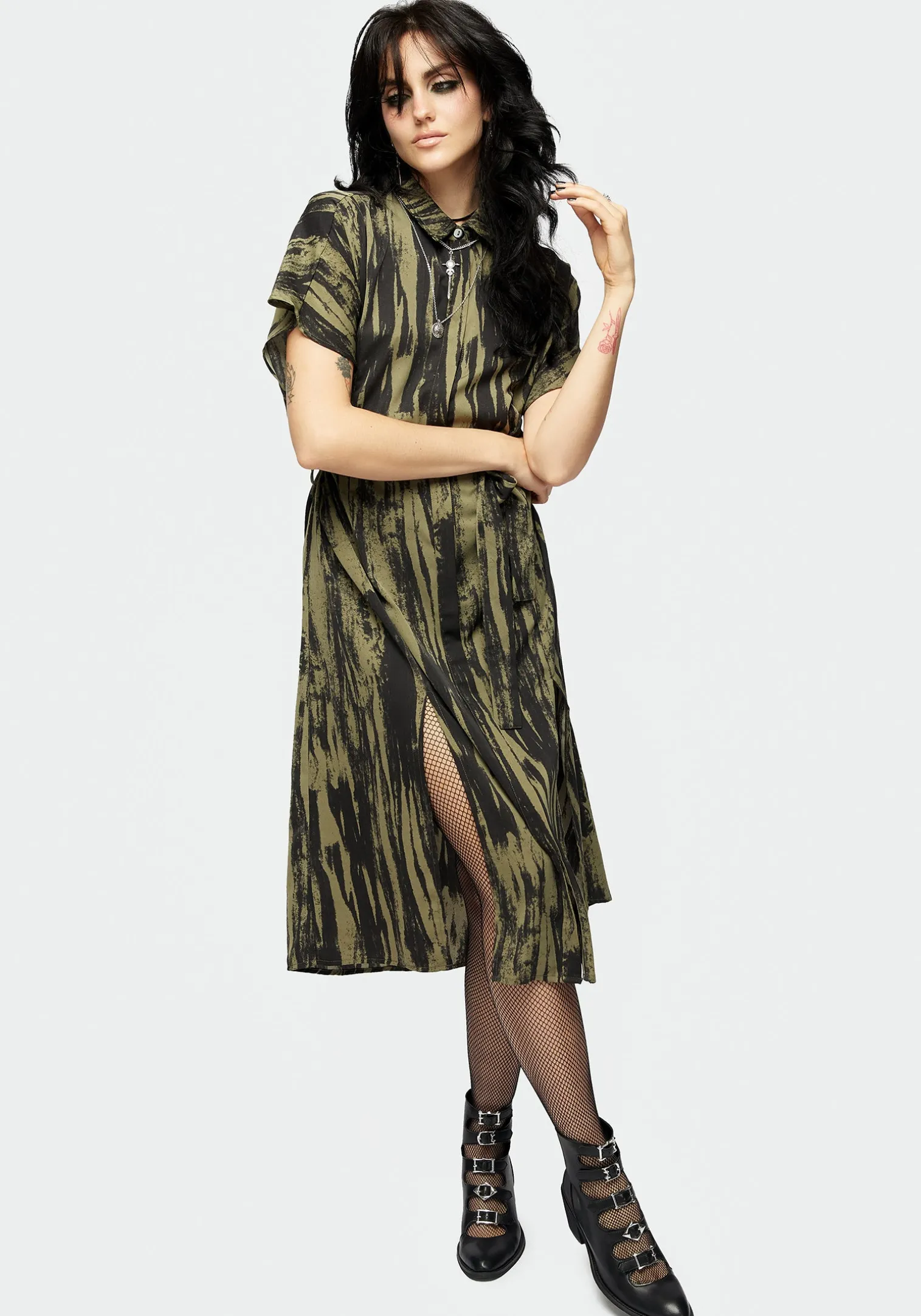 Hegemone Tie Waist Midi Shirt Dress
