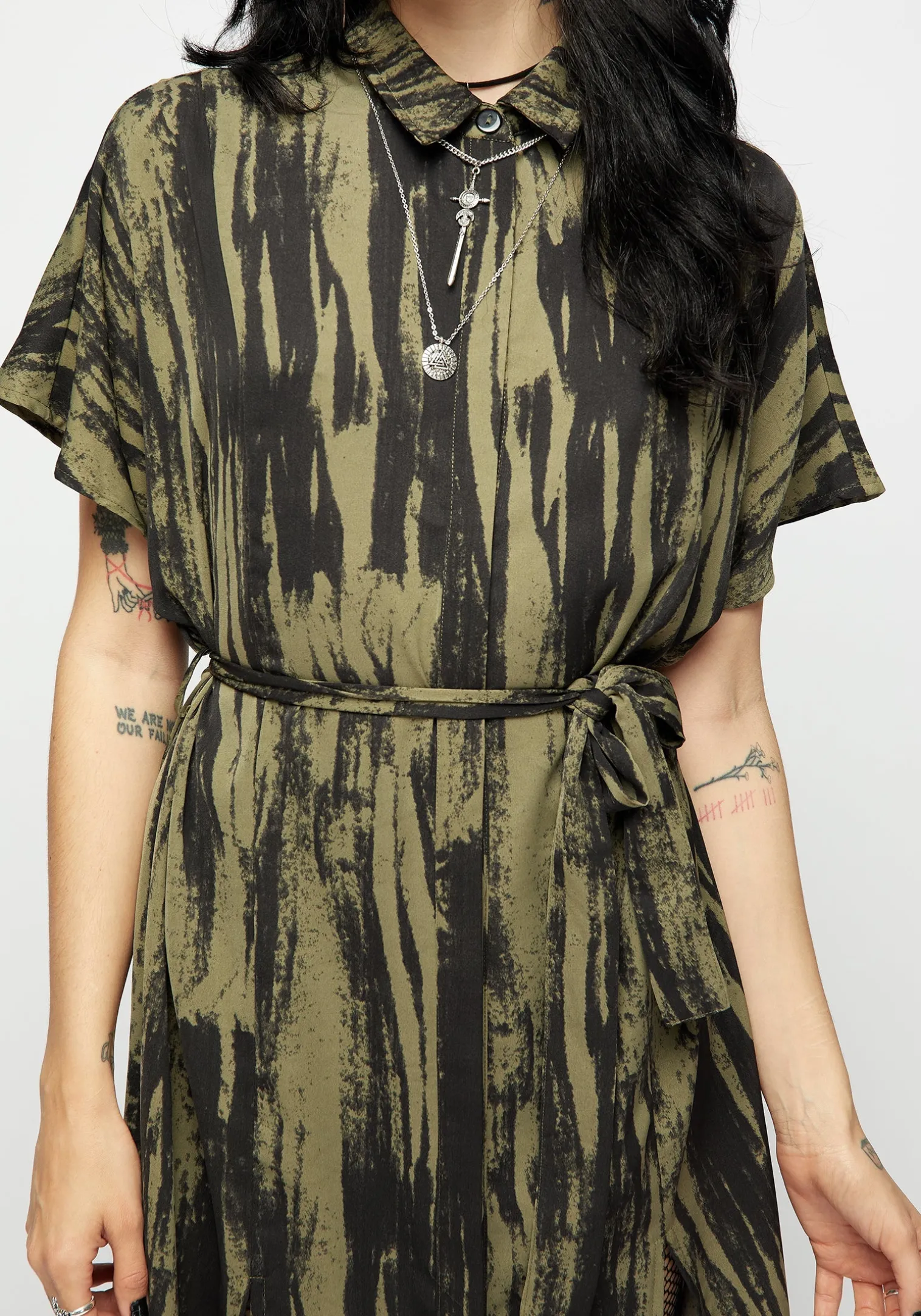 Hegemone Tie Waist Midi Shirt Dress