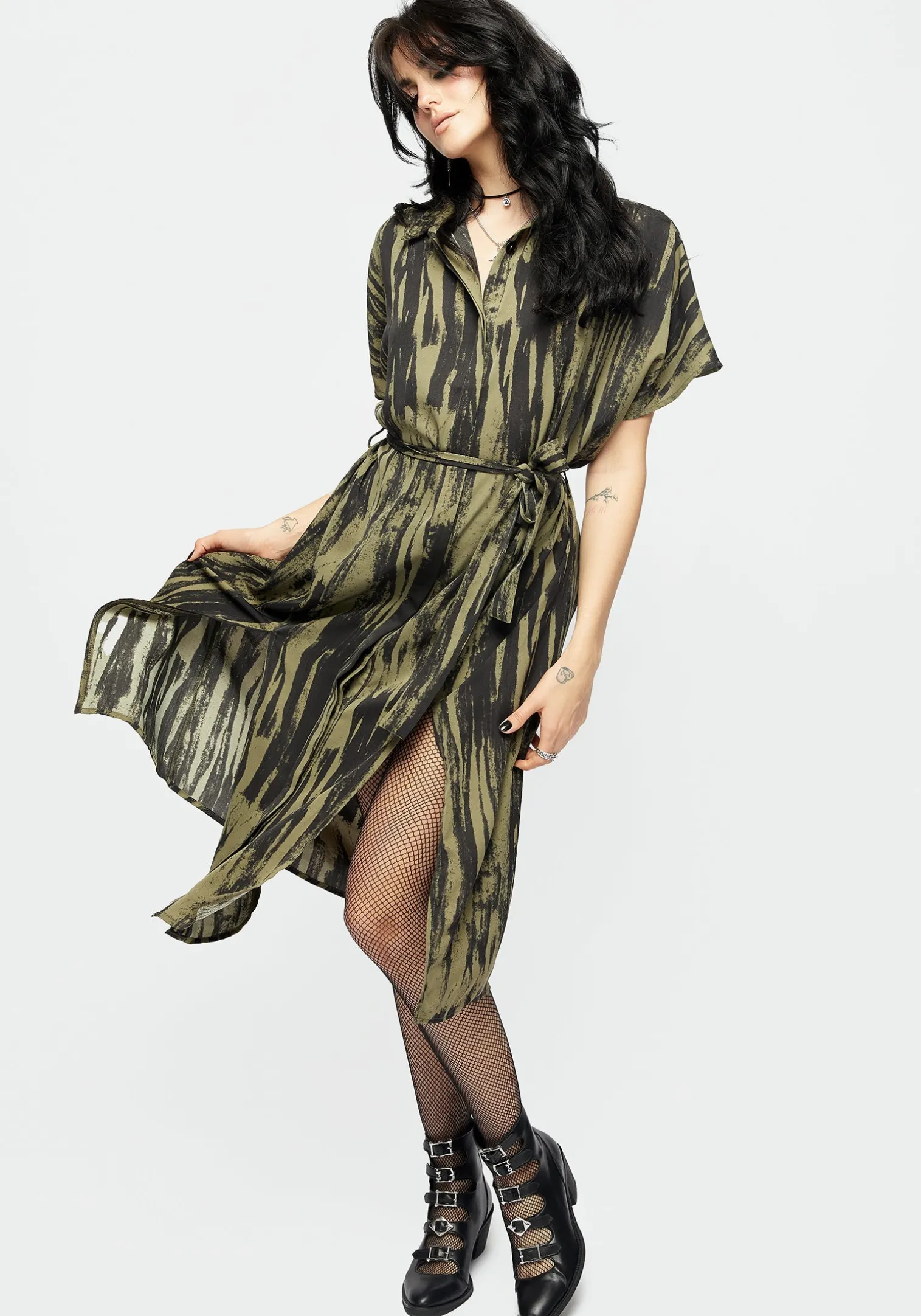 Hegemone Tie Waist Midi Shirt Dress