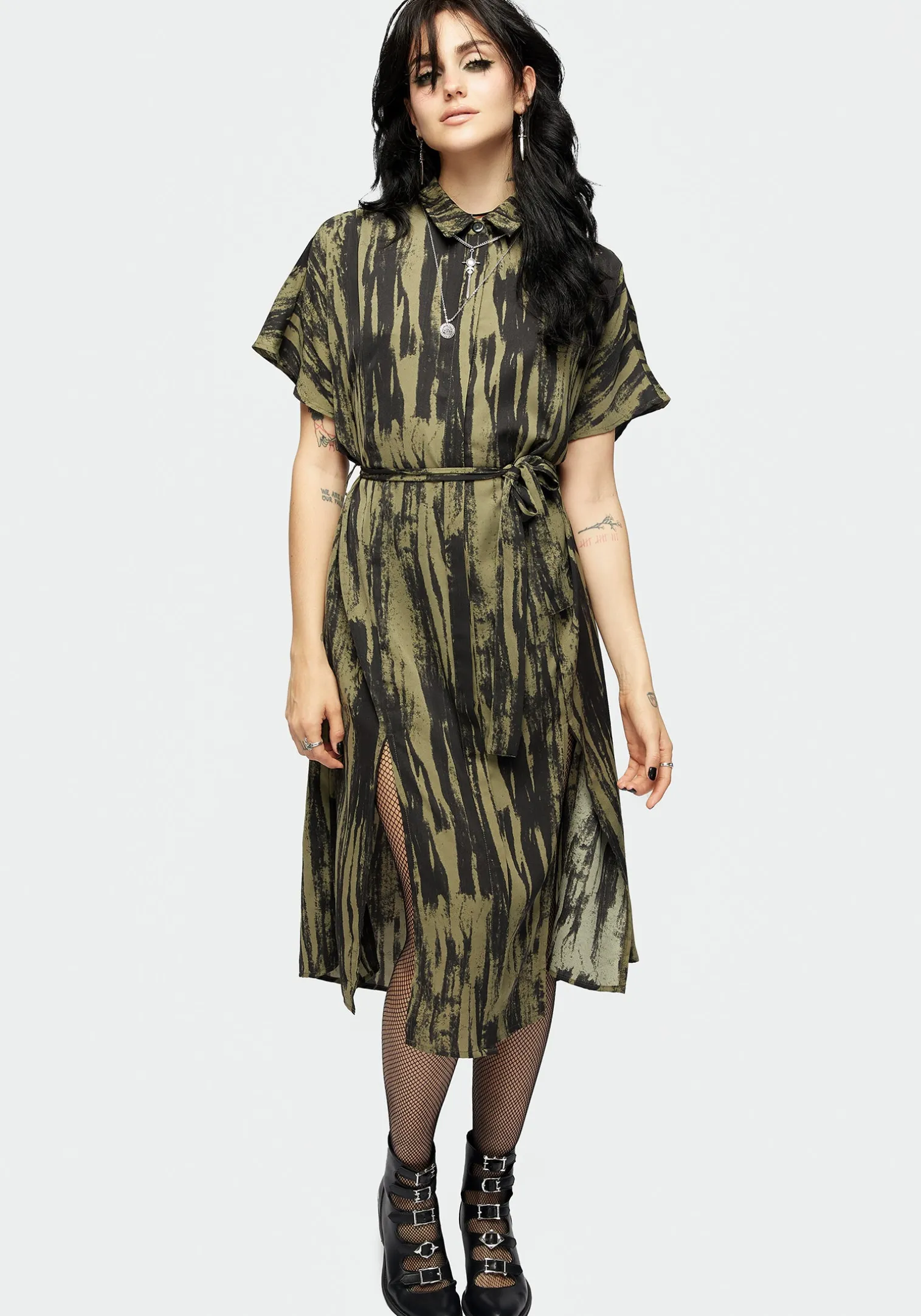 Hegemone Tie Waist Midi Shirt Dress