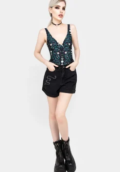Heroica Embroidered Denim Mom Shorts