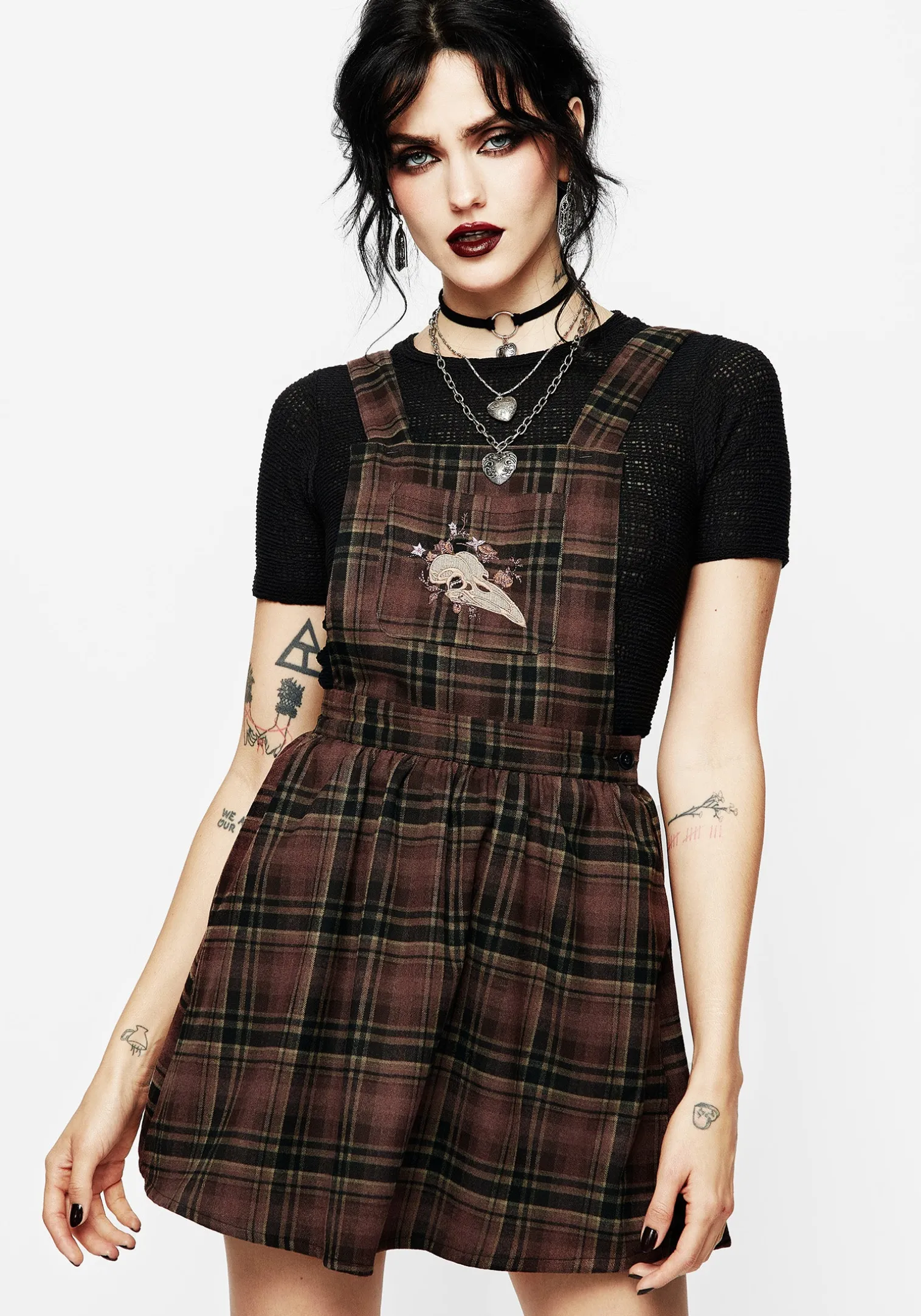 Hickory Embroidered Check Mini Pinafore Dress