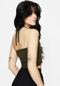 Hooked Pointelle Halter Crop Top - Green