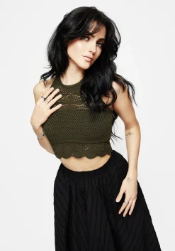 Hooked Pointelle Halter Crop Top - Green