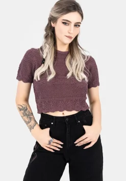 Hooked Pointelle Short Sleeve Crop Top - Purple