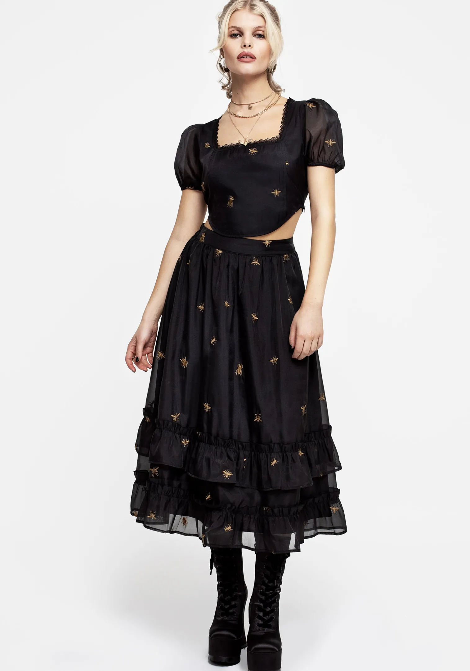 Insectarium Embroidered Organza Tiered Midi Skirt