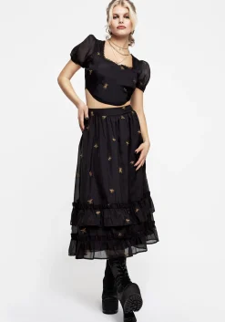 Insectarium Embroidered Organza Tiered Midi Skirt