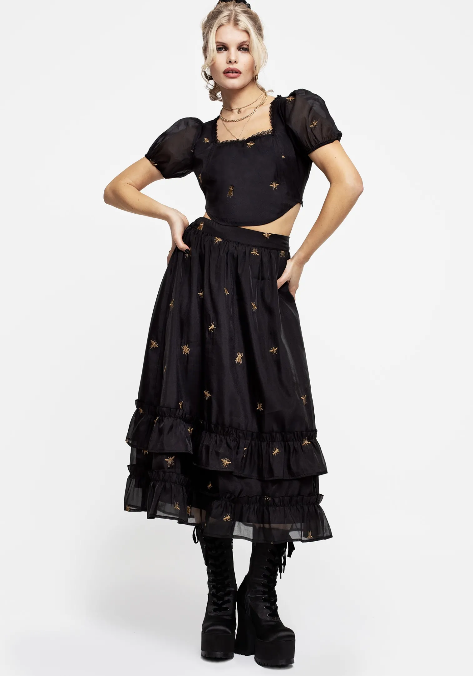 Insectarium Embroidered Organza Tiered Midi Skirt