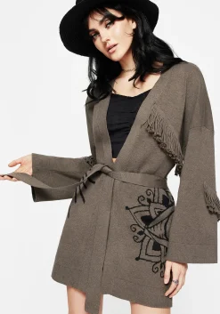 Iris Flare Sleeve Longline Fringe Knit Cardigan