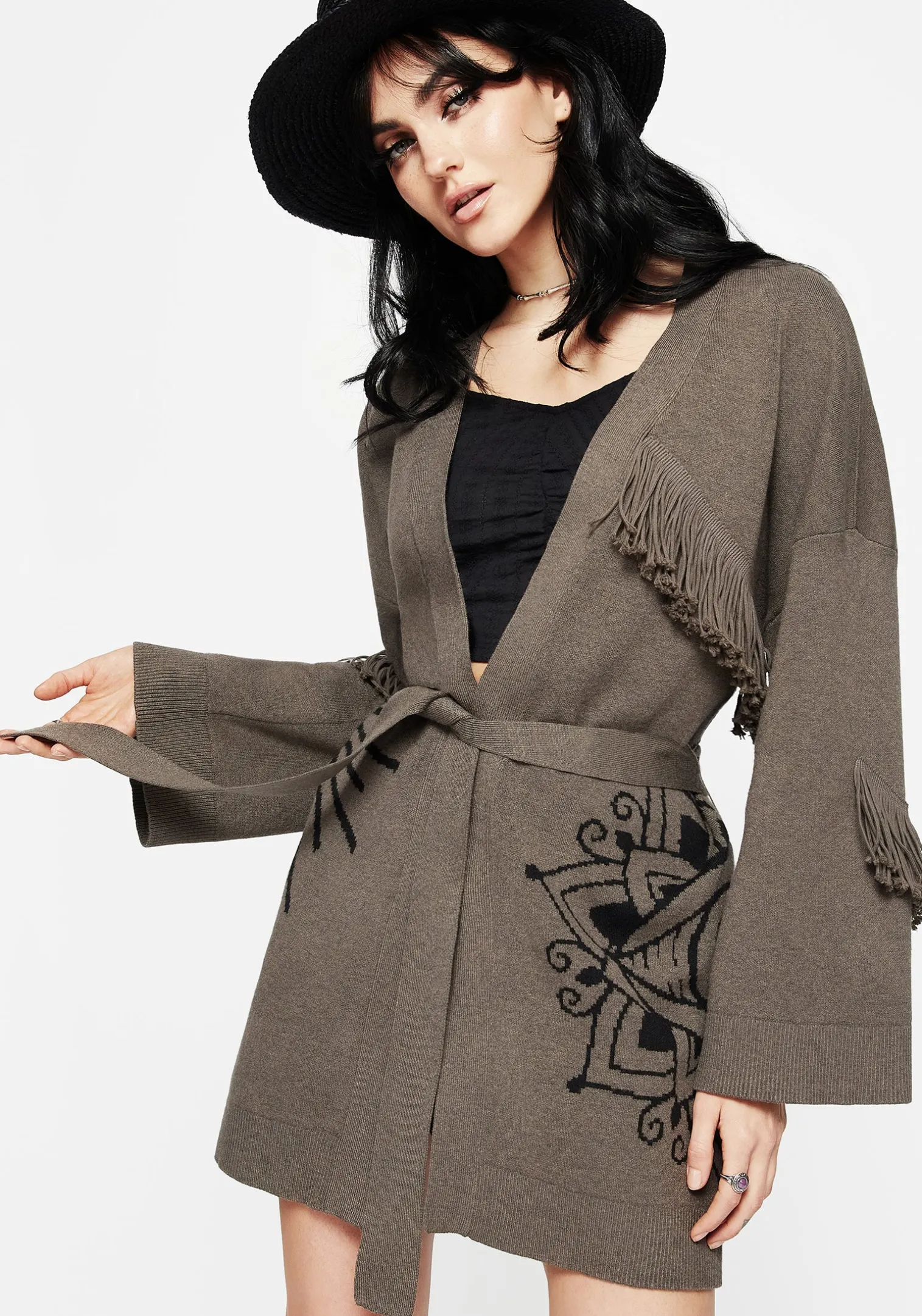 Iris Flare Sleeve Longline Fringe Knit Cardigan