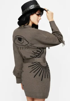Iris Flare Sleeve Longline Fringe Knit Cardigan