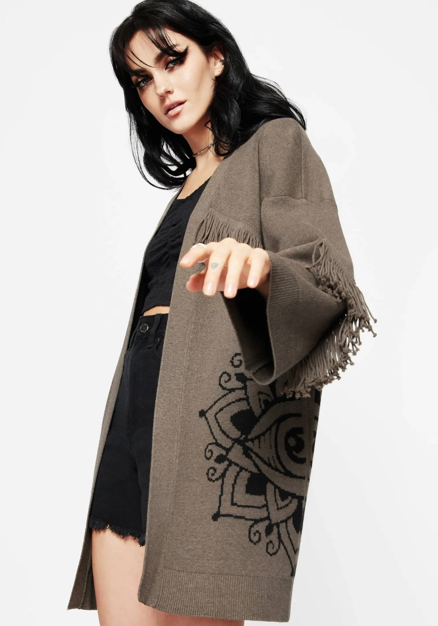Iris Flare Sleeve Longline Fringe Knit Cardigan