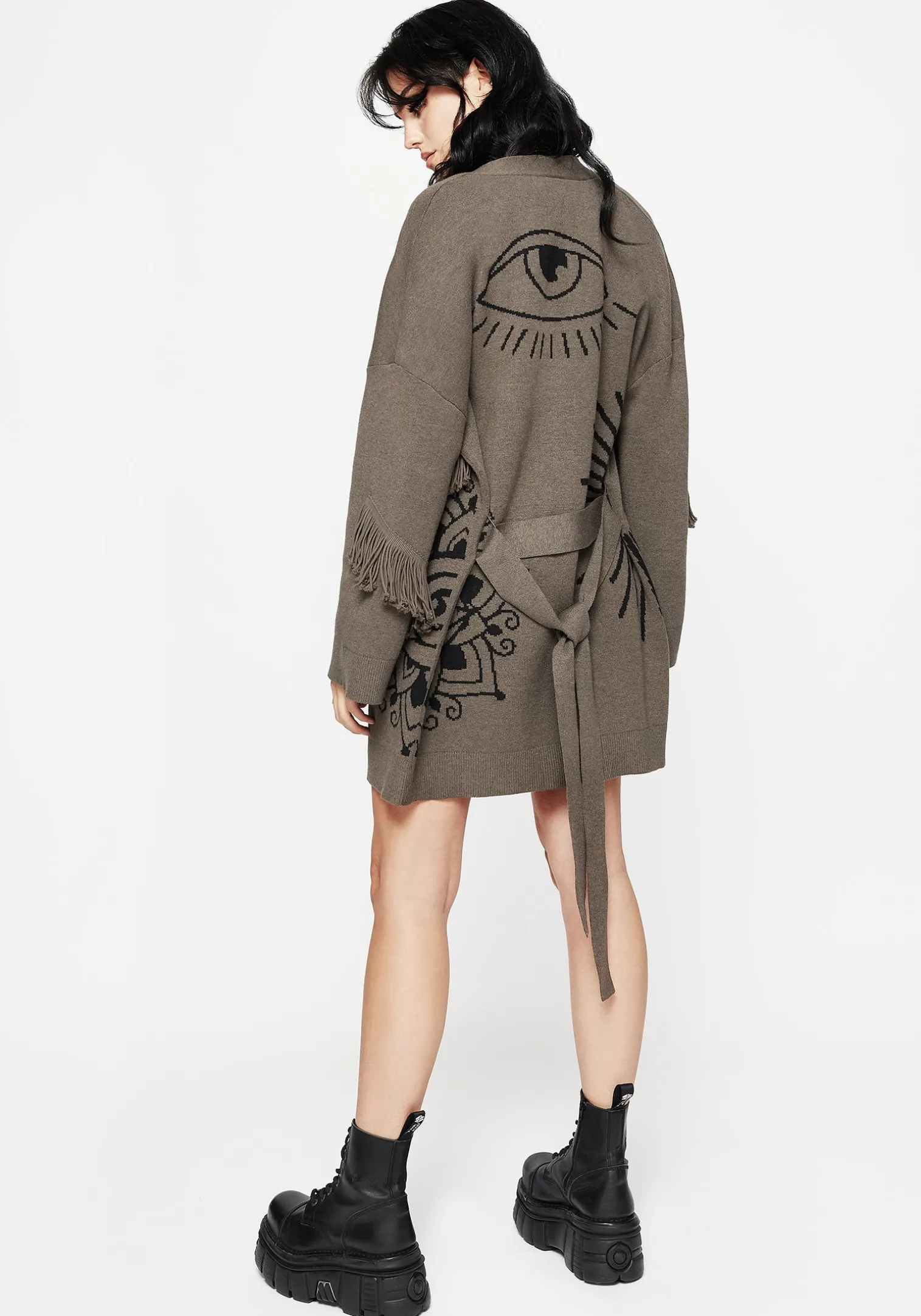 Iris Flare Sleeve Longline Fringe Knit Cardigan