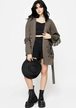 Iris Flare Sleeve Longline Fringe Knit Cardigan