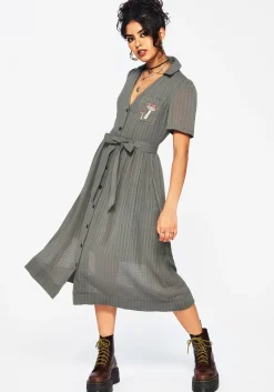 Koax Cotton Check Embroidered Button Up Midi Shirt Dress