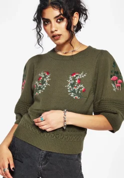 Lavish Mushroom Embroidered Short Sleeve Knit Top
