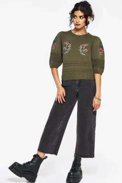 Lavish Mushroom Embroidered Short Sleeve Knit Top