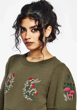 Lavish Mushroom Embroidered Short Sleeve Knit Top