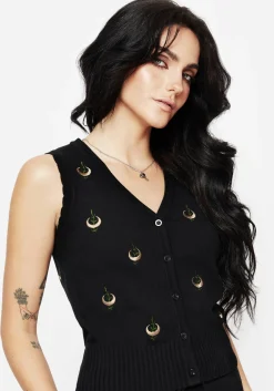 Liana Moon Leaf Embroidered Button Up Knit Vest
