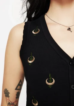 Liana Moon Leaf Embroidered Button Up Knit Vest
