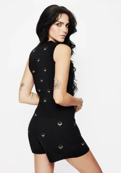 Liana Moon Leaf Embroidered Button Up Knit Vest
