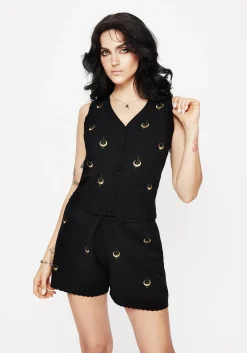 Liana Moon Leaf Embroidered Button Up Knit Vest