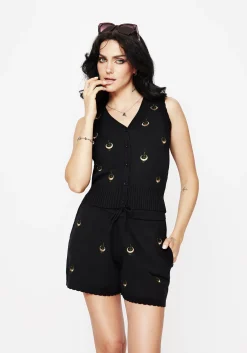 Liana Moon Leaf Embroidered Knit Shorts