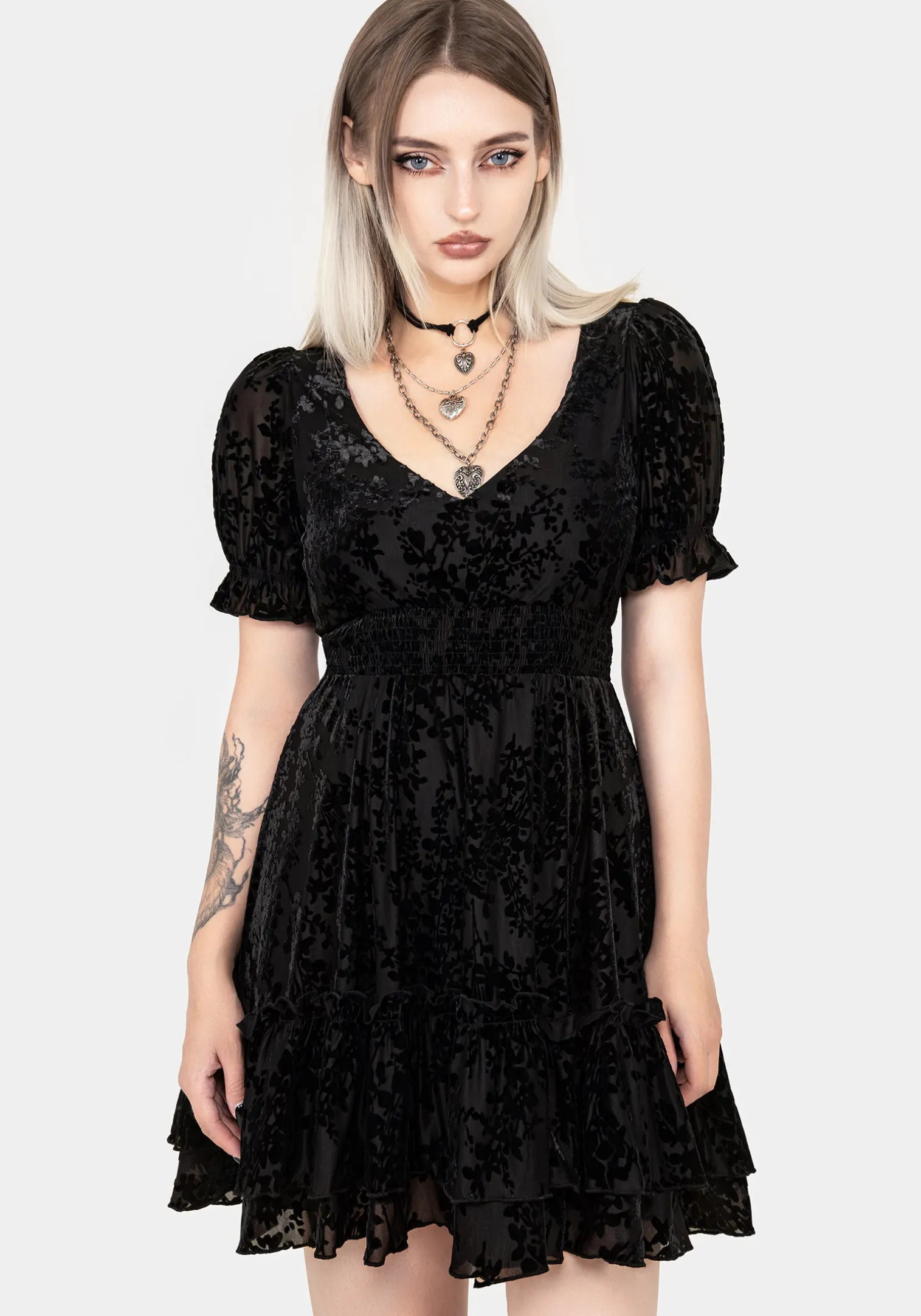 Lilias Devoré Velour Mesh Tiered Mini Dress