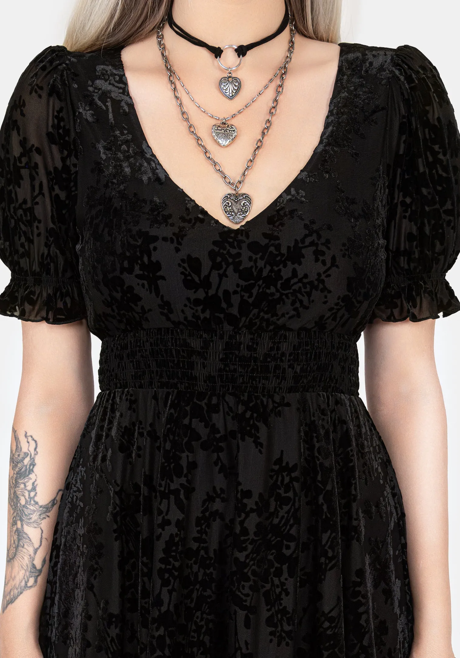 Lilias Devoré Velour Mesh Tiered Mini Dress