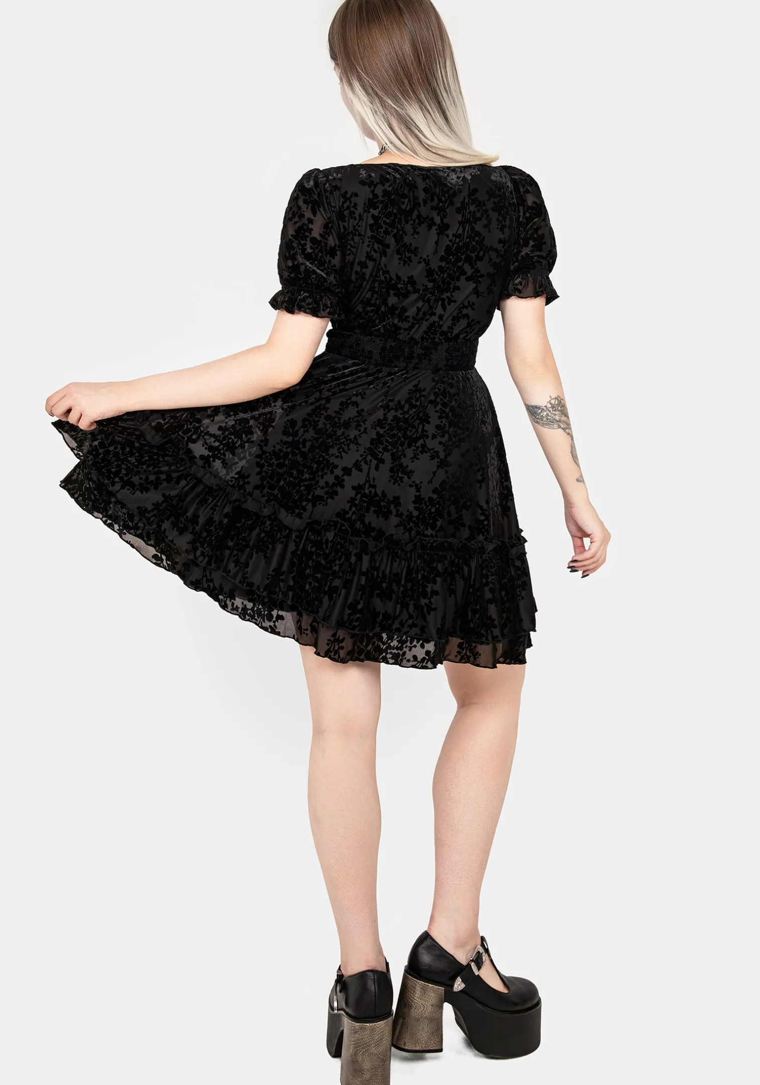Lilias Devoré Velour Mesh Tiered Mini Dress