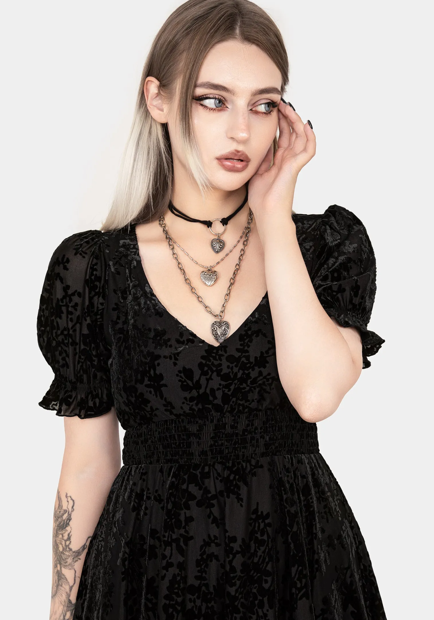 Lilias Devoré Velour Mesh Tiered Mini Dress