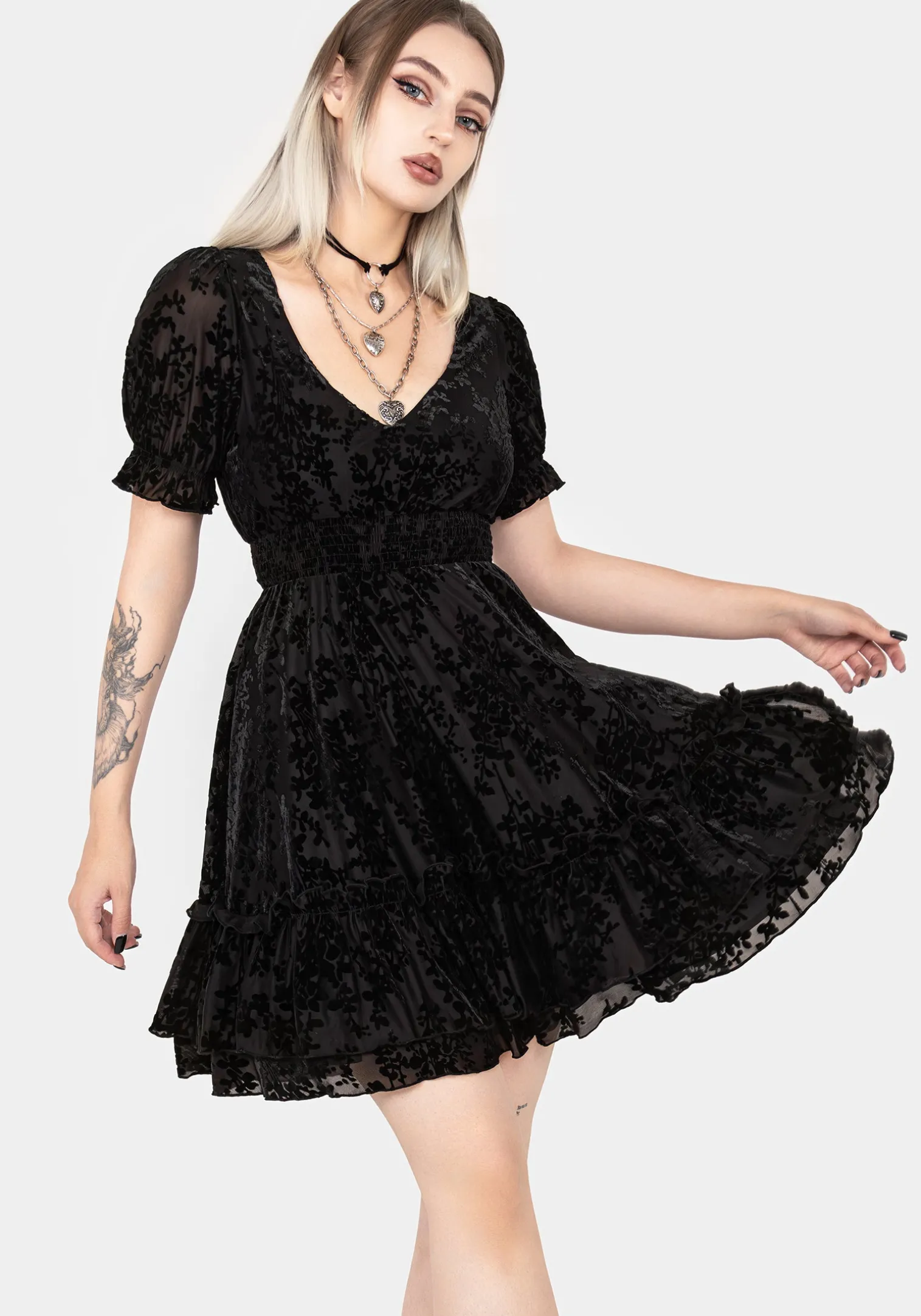 Lilias Devoré Velour Mesh Tiered Mini Dress
