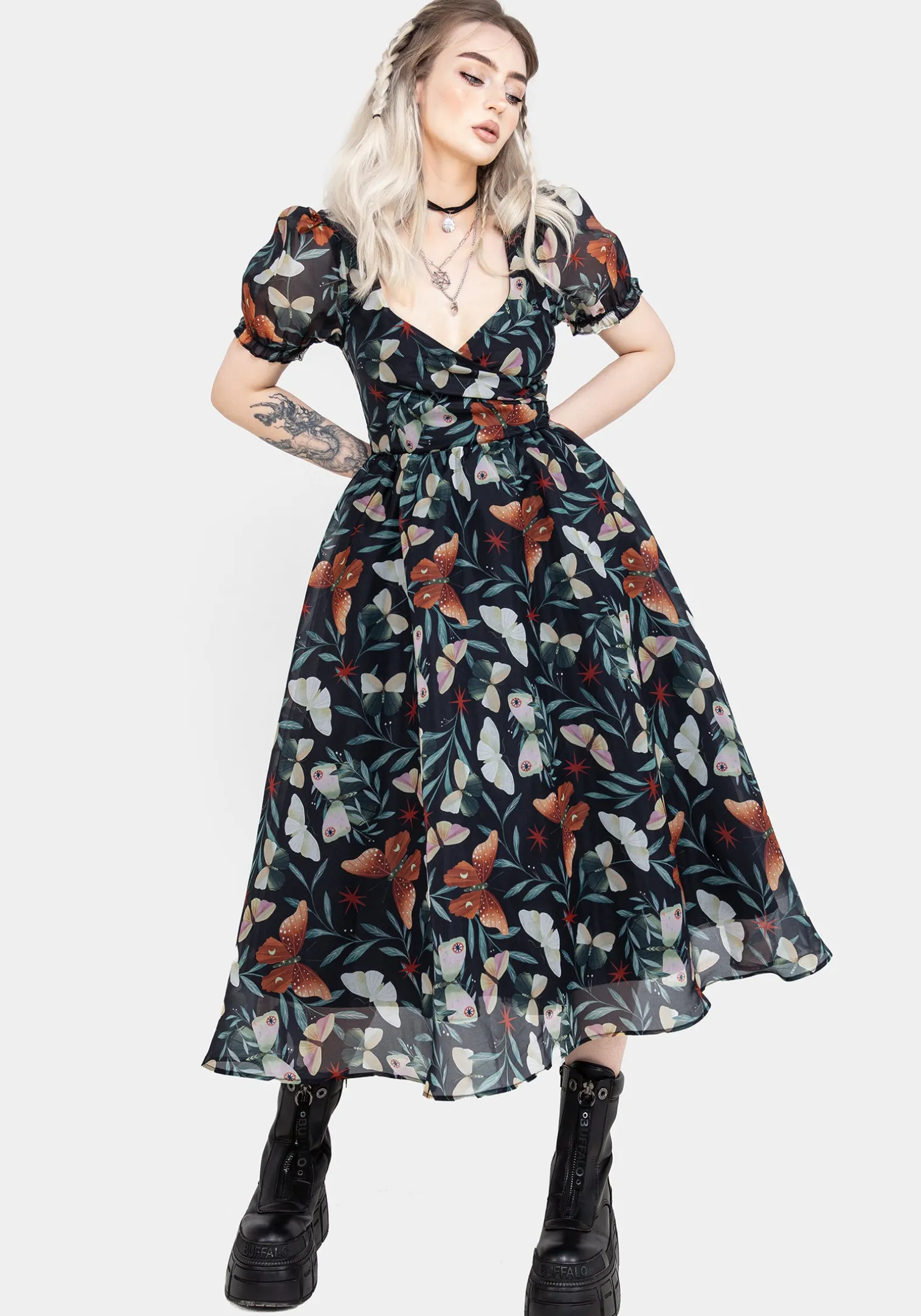 Mariposa Puff Sleeve Organza Midi Dress