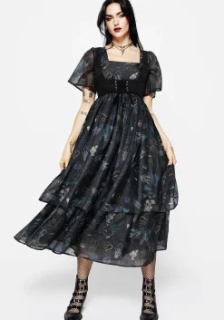 Maudeline Victoriana Print Layered Organza Midaxi Dress