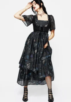 Maudeline Victoriana Print Layered Organza Midaxi Dress