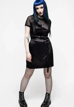 Medeina Cowl Neck Belted Satin Mini Dress - Midnight Black