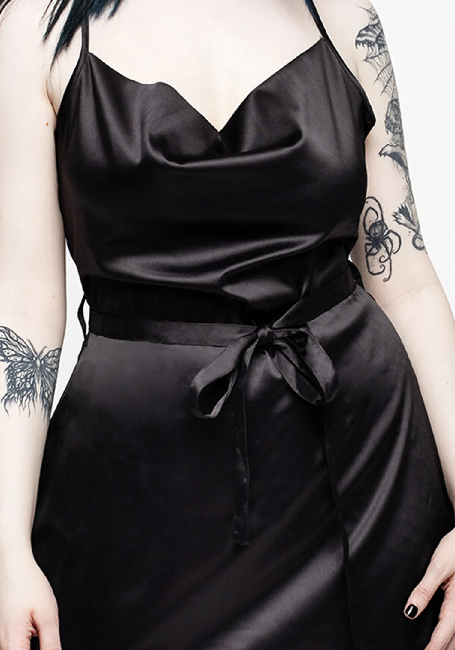 Medeina Cowl Neck Belted Satin Mini Dress - Midnight Black