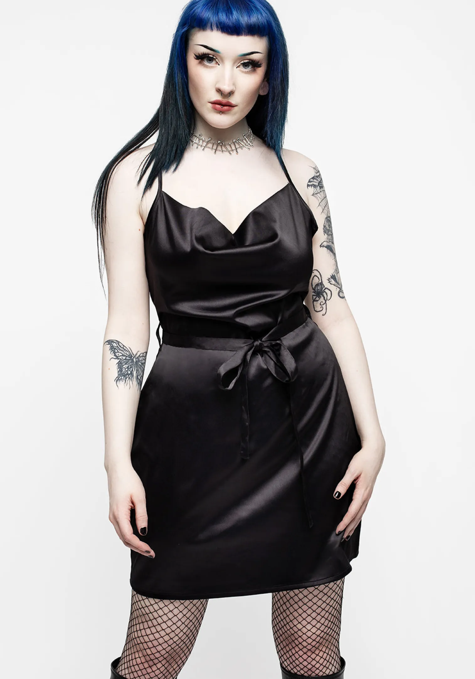 Medeina Cowl Neck Belted Satin Mini Dress - Midnight Black