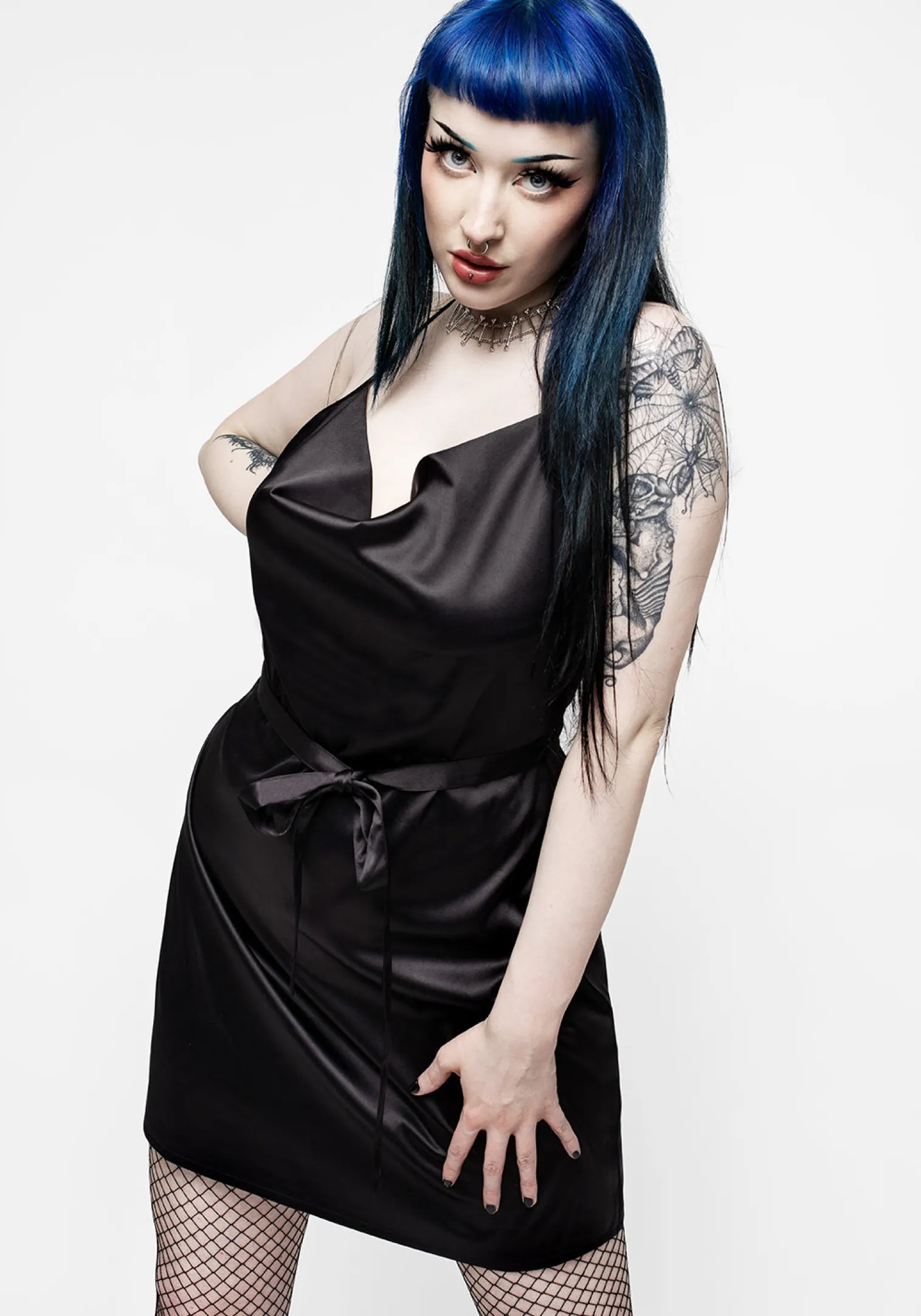 Medeina Cowl Neck Belted Satin Mini Dress - Midnight Black
