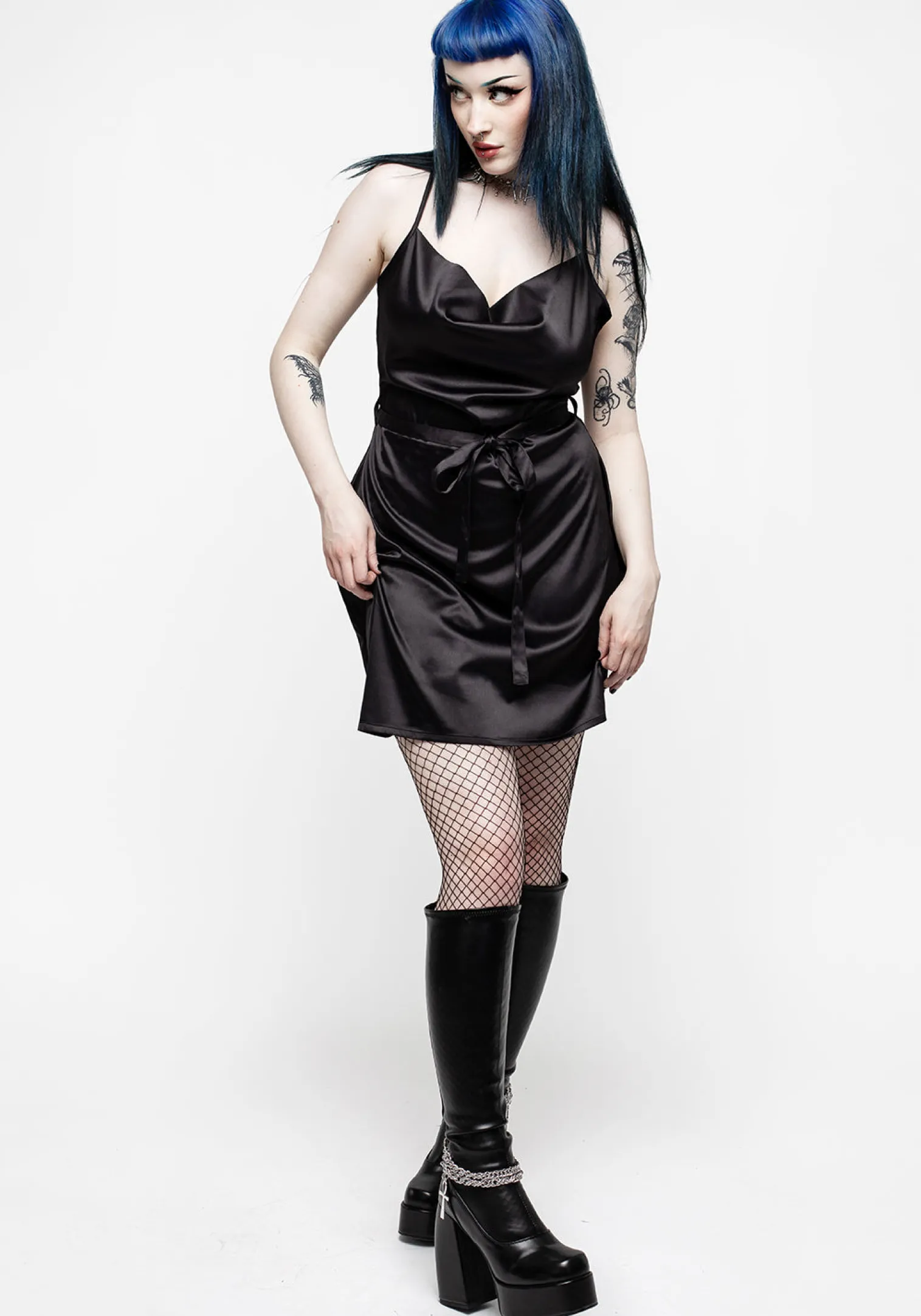 Medeina Cowl Neck Belted Satin Mini Dress - Midnight Black