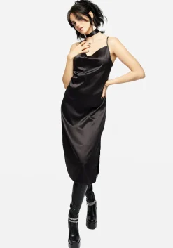 Medeina Cowl Neck Satin Midi Slip Dress - Midnight Black
