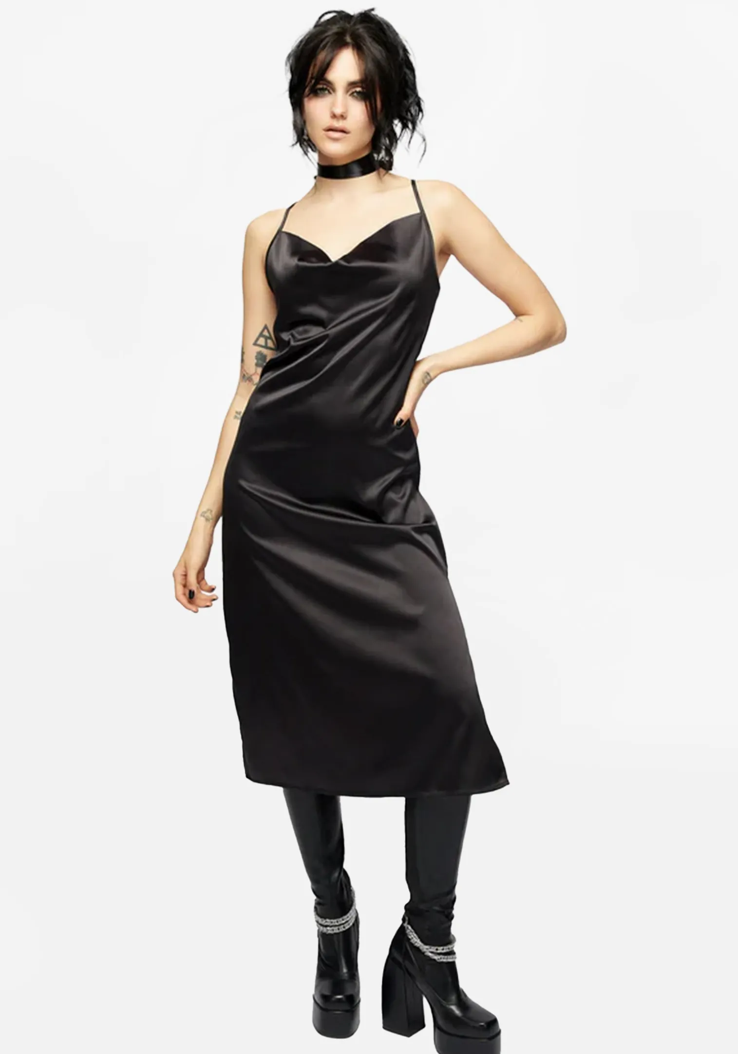 Medeina Cowl Neck Satin Midi Slip Dress - Midnight Black