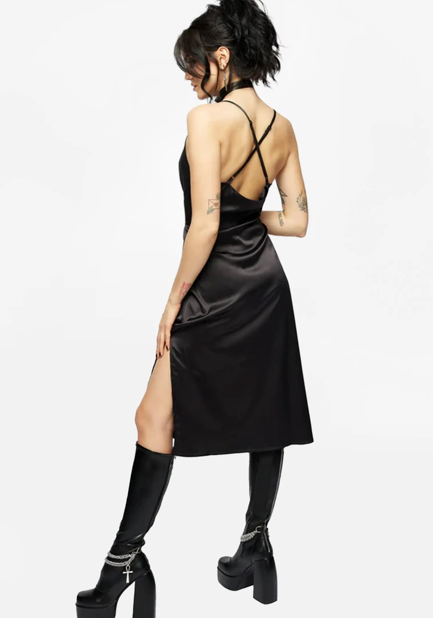 Medeina Cowl Neck Satin Midi Slip Dress - Midnight Black